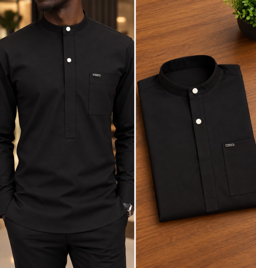 Chemise noire unie — noire unie, portée et pliée