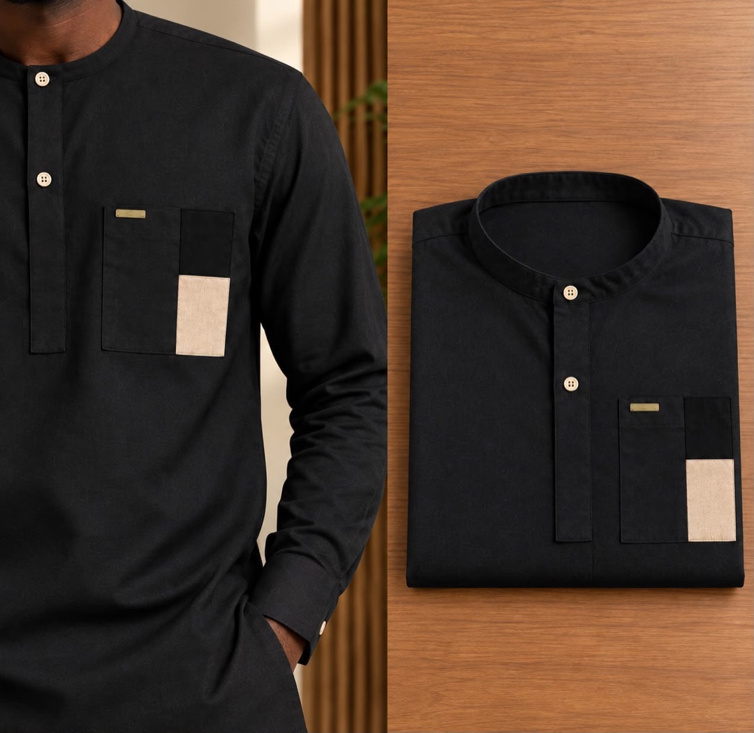 Tunique noire à poche beige — noir, portée et pliée