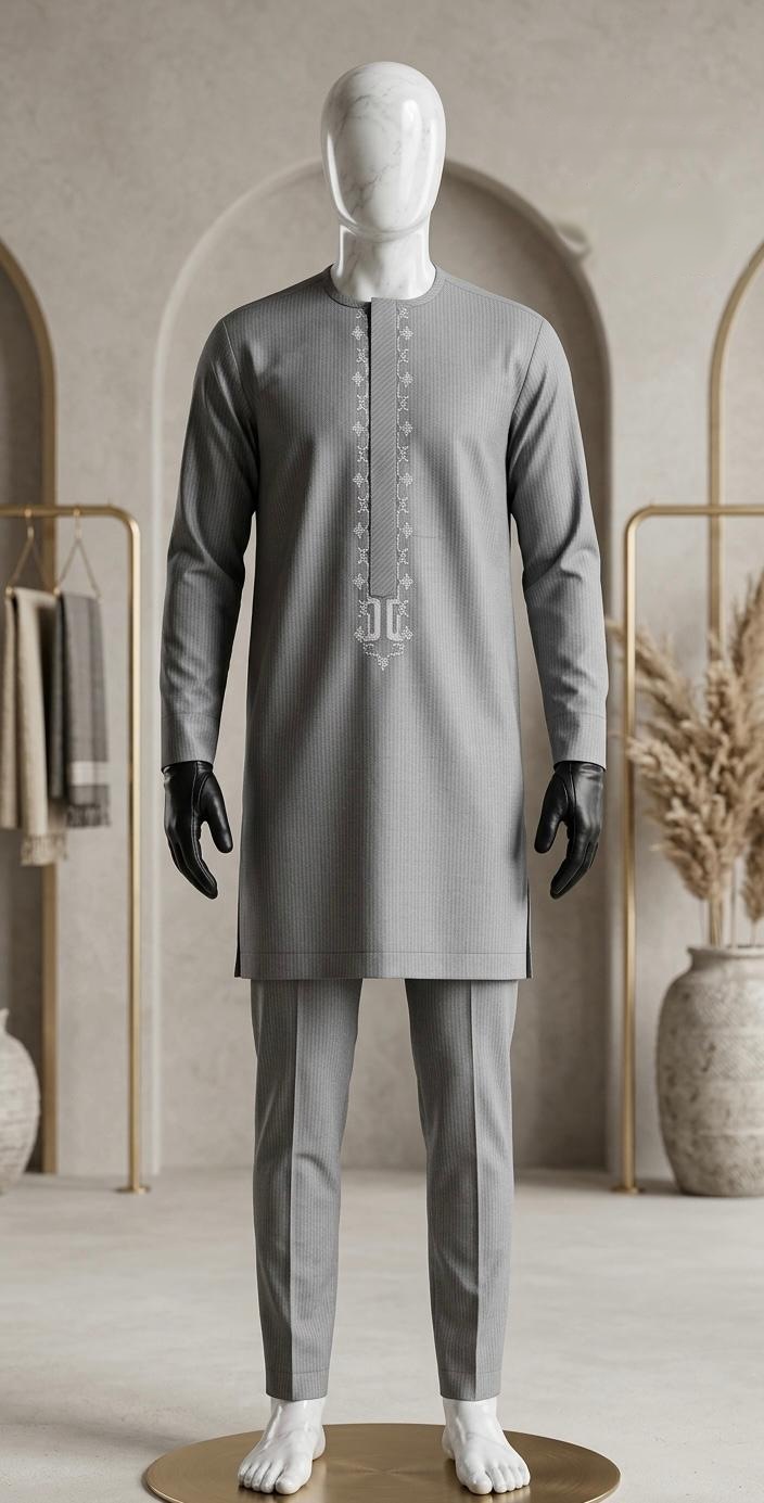 Ensemble gris à broderie blanche — ensemble gris sur mannequin